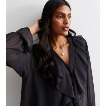 Women's Black Ruffle Long Sleeve Blouse Cameo Rose New Look