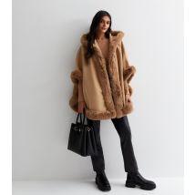 Women's Camel Faux Fur Trim Hooded Cape Gini London New Look