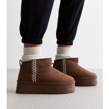 Women's Truffle Brown Suedette Faux Fur Lined Woven Trim Flatform Boots Vegan New Look