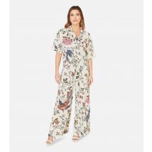 Women's White Floral Crane Print Trousers Yumi New Look