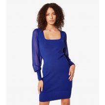 Women's Blue Ribbed Chiffon Square Neck Long Sleeve Mini Dress Apricot New Look