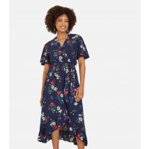 Women's Navy Floral Frill Wrap Midi Dress Mela New Look