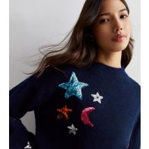 Women's Navy Sequin Star Knit Jumper Sunshine Soul New Look