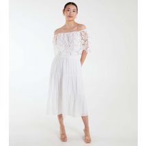 Women's Off White Crochet Lace Bardot Midi Dress Blue Vanilla New Look