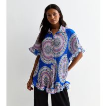 Women's Blue Printed Oversized Ruffle Plisse Shirt Cameo Rose New Look