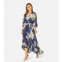 Women's Navy Floral Chiffon Dip Hem Wrap Midi Dress Yumi New Look
