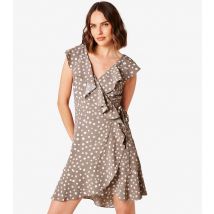 Women's Grey Spot Ruffle Mini Wrap Dress Apricot New Look