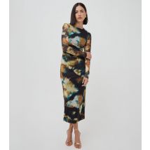 Women's Black Abstract Print Mesh Long Sleeve Midi Dress WKNDGIRL New Look