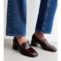Women's Dark Burgundy Block Heel Loafer Court Shoes Vegan New Look