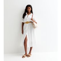 Women's White Embroidered Button-Front Belted Midi Dress Cameo Rose New Look