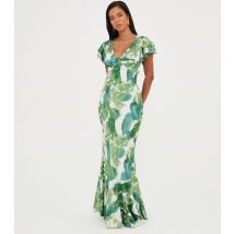 Women's Green Abstract Print Ruffle Maxi Dress WKNDGIRL New Look