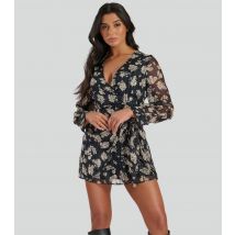 Women's Black Floral Print Chiffon Wrap Dress Finding Friday New Look
