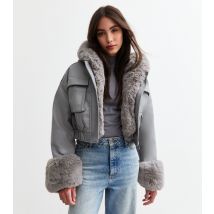 Women's Grey Faux Fur Trim Faux Leather Crop Jacket Cameo Rose New Look