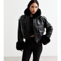 Women's Black Faux Fur Trim Faux Leather Crop Jacket Cameo Rose New Look