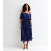 Cutie London Navy Bardot Pleated Satin Midi Dress New Look