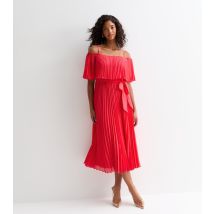 Women's Red Bardot Pleated Satin Midi Dress Cutie London New Look