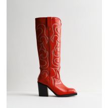 Women's Austine Red Leather-Look Embroidered Knee High Cowboy Boots Public Desire New Look