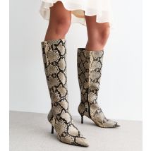 Women's Off White Snakeskin Knee High Boots Vegan New Look