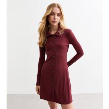 Women's Burgundy Ribbed Jersey Mini Shirt Dress New Look