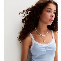 Girls' Blue Lace Trim Ribbed Crop Cami Top New Look