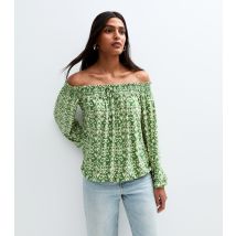 Women's Olive Green Printed Bubble Hem Bardot Top Blue Vanilla New Look