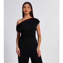 Women's Black Sparkle Drape Off Shoulder Top Quiz New Look