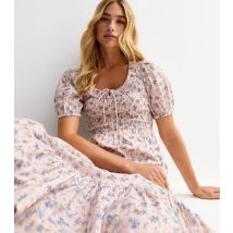 Women's Pink Floral Print Tie Neck Milkmaid Midi Dress New Look