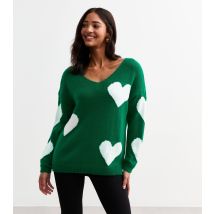 Women's Green Heart V Neck Jumper Gini London New Look