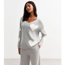 Women's Grey Heart V Neck Jumper Gini London New Look