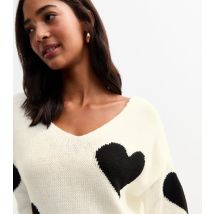 Women's White Heart V Neck Jumper Gini London New Look