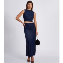 Women's Navy Mesh Sparkle Midaxi Skirt Quiz New Look