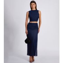 Women's Navy Sparkle Mesh High Neck Crop Top Quiz New Look