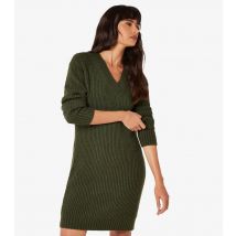 Women's Dark Green V-Neck Ribbed Knit Jumper Dress Apricot New Look