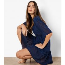 Women's Navy Polka Dot Drawstring Waist Chiffon Dress Apricot New Look