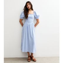 Women's Blue Gingham Print Shirred Top V Waist Midi Dress New Look