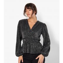 Women's Black Polka Dot Plisse Pleat Peplum Wrap Top Apricot New Look