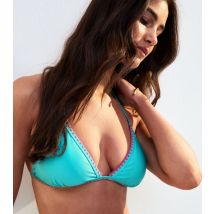 Women's Bright Blue Blanket Stitch Trim Halterneck Bikini Top New Look