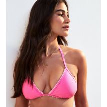 Women's Bright Pink Blanket Stitch Trim Halterneck Bikini Top New Look