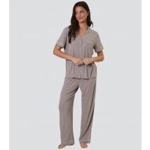 Women's Oatmeal Ribbed Short Sleeve Shirt and Trousers Pyjama Set Loungeable New Look