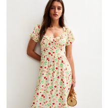 Women's Cream Fruit Print Ruffle Trim Faux Button Tea Midi Dress New Look