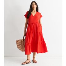 Women's Red Tiered Midi Smock Dress Gini London New Look