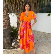 Women's Orange Floral Print V Neck Cut Out Knot Detail Midi Dress AX Paris New Look