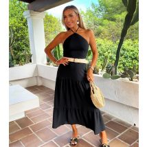 Women's Black Halterneck Straw Belt Tiered Midi Dress AX Paris New Look