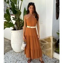 Women's Rust Halterneck Straw Belt Tiered Midi Dress AX Paris New Look