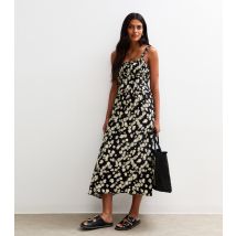 Women's Black Daisy Print Frilly Trim Midi Dress New Look