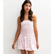 Women's White Floral Print Crinkled Texture Bandeau Mini Dress New Look