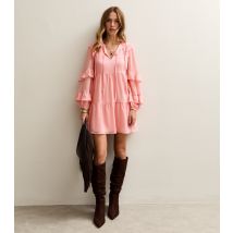 Women's Pink Ruffle Trimmed Tie Neck Chiffon Mini Dress New Look