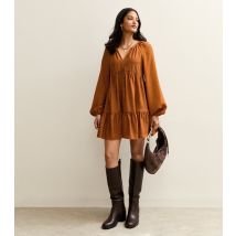 Women's Camel Tie Neck Tiered Mini Dress New Look
