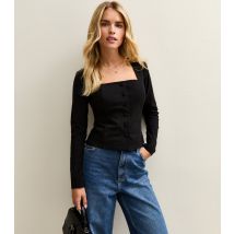 Women's Petite Black Square Neck Button Front Top New Look