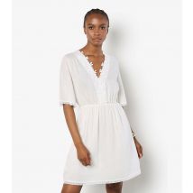 Women's White Daisy Embroidered Lace Insert Mini Dress Apricot New Look